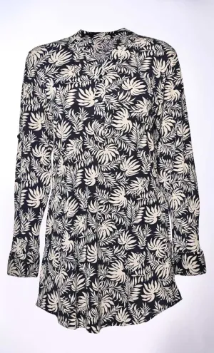 Basic Slip On Fern Leaves Print Button Front Tunic With Pockets-Brown - Final Sale
