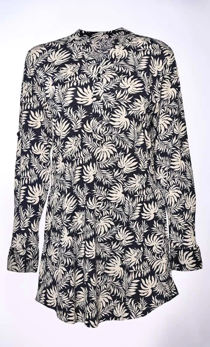 Basic Slip On Fern Leaves Print Button Front Tunic With Pockets-Brown - Final Sale