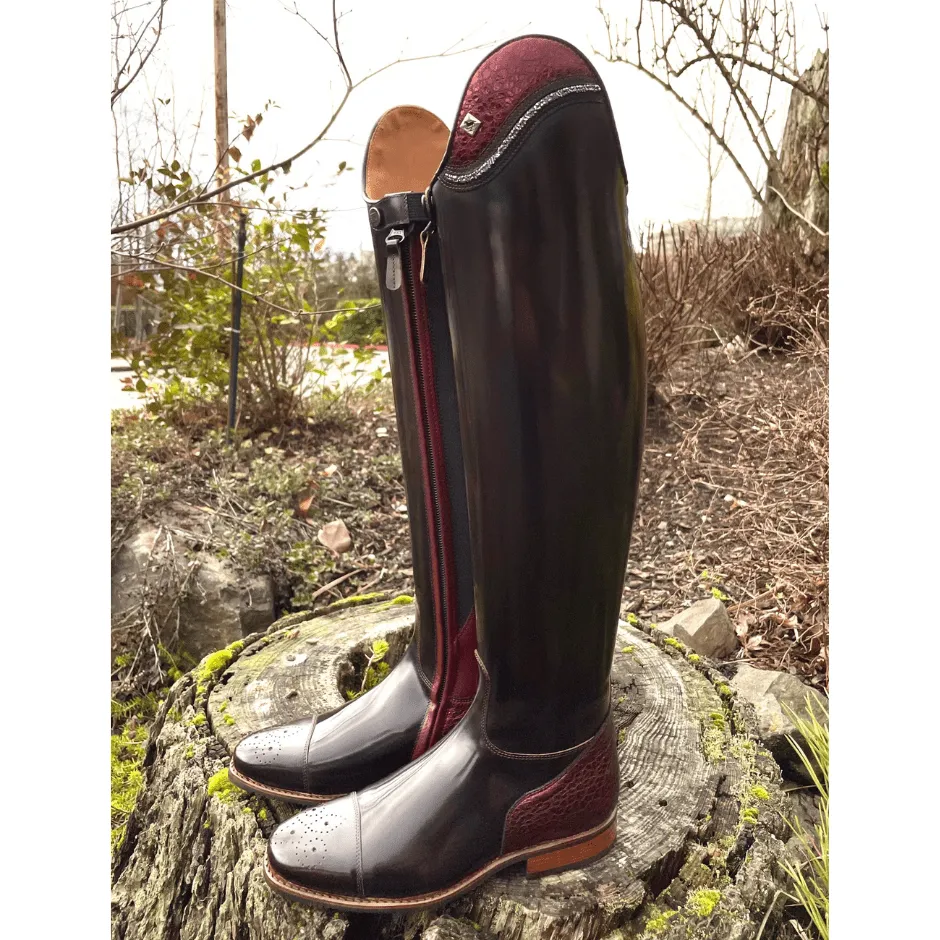 Custom DeNiro Raffaello Dressage Boot - Brushed Burgundy with BG Uptop, Swarovski, Stretch Panel & Comfort Knee