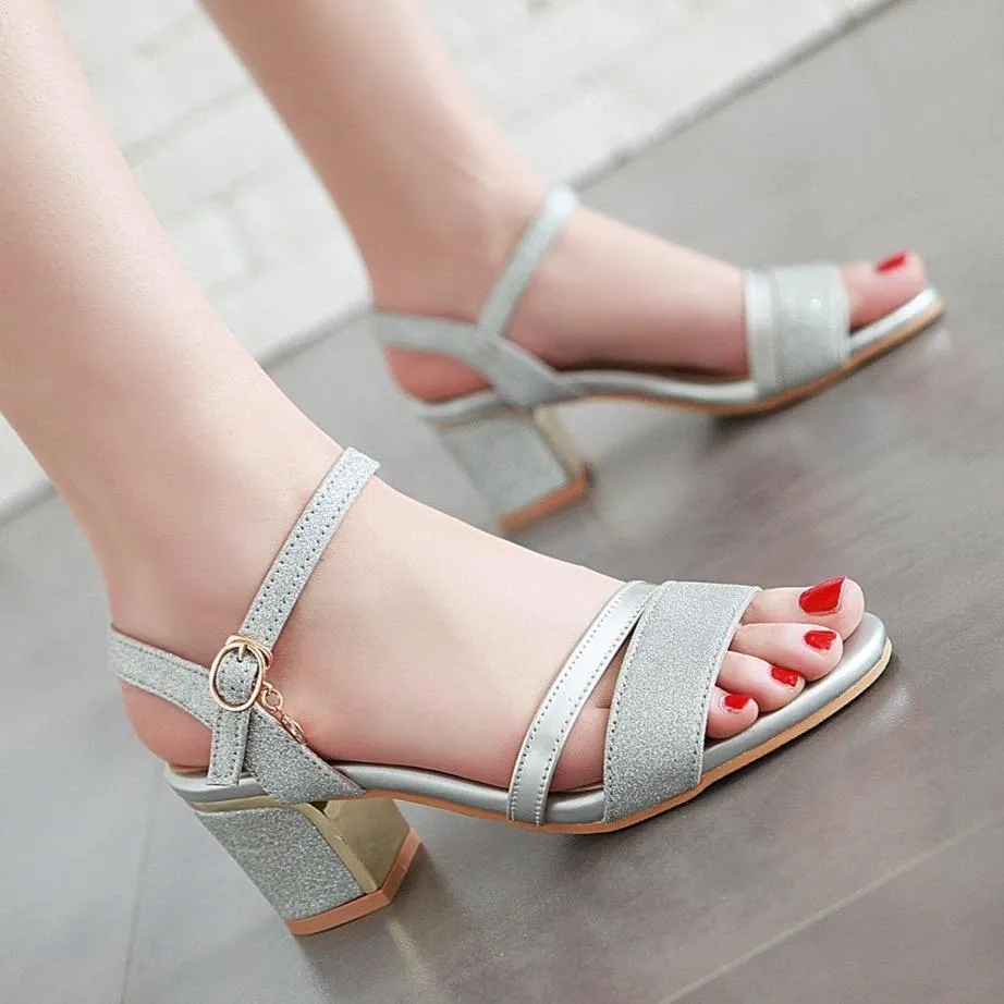 Women peep toe pendant buckle strap slingback chunky heels