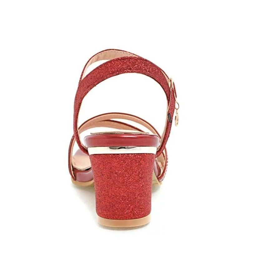 Women peep toe pendant buckle strap slingback chunky heels