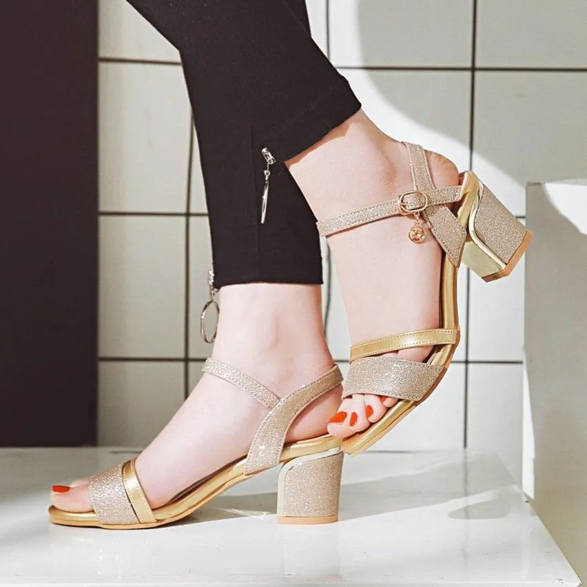 Women peep toe pendant buckle strap slingback chunky heels