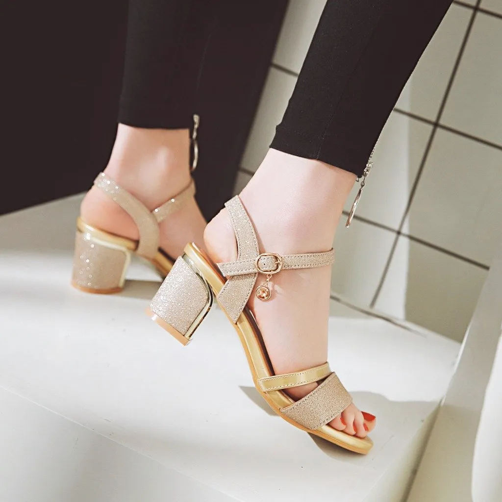 Women peep toe pendant buckle strap slingback chunky heels