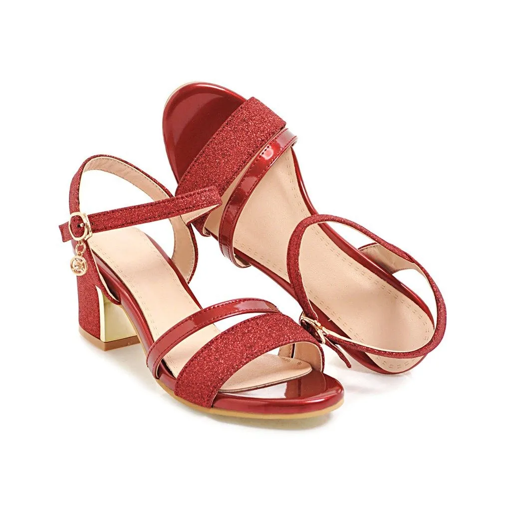 Women peep toe pendant buckle strap slingback chunky heels