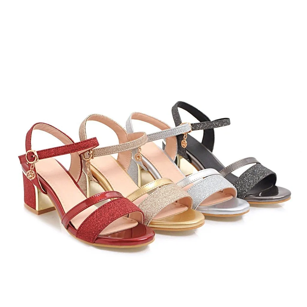 Women peep toe pendant buckle strap slingback chunky heels