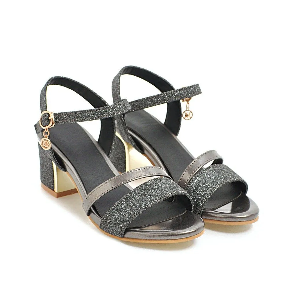 Women peep toe pendant buckle strap slingback chunky heels