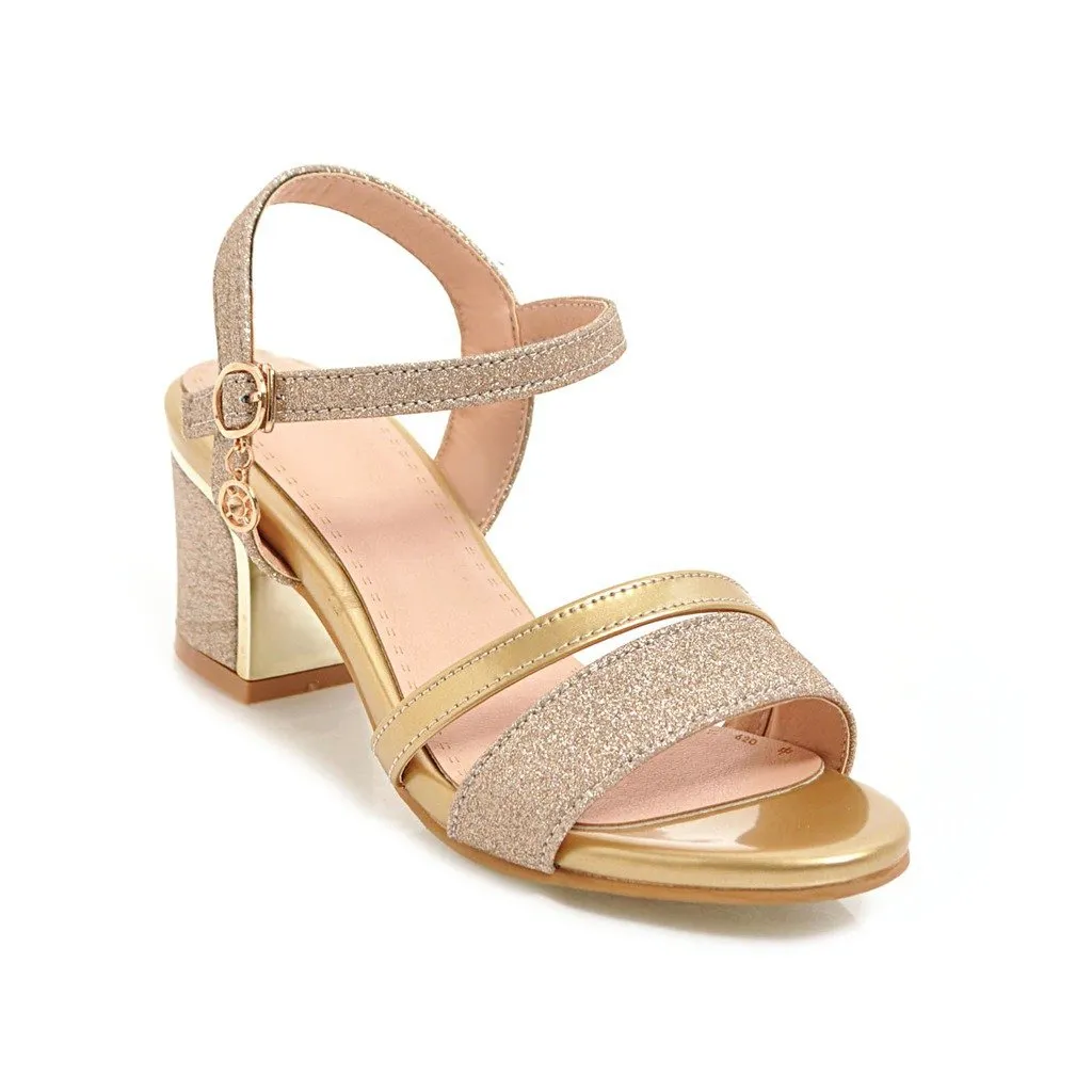 Women peep toe pendant buckle strap slingback chunky heels