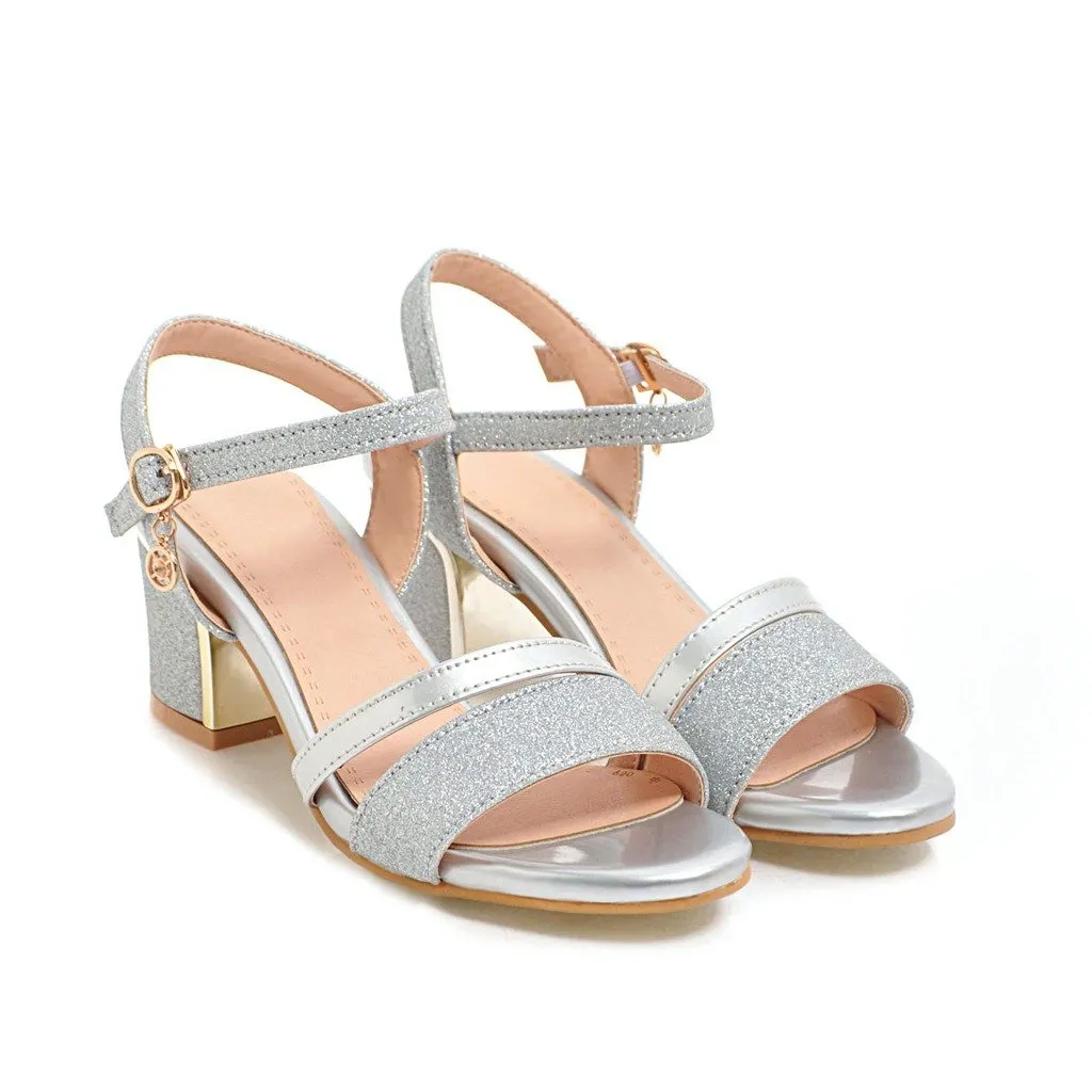 Women peep toe pendant buckle strap slingback chunky heels