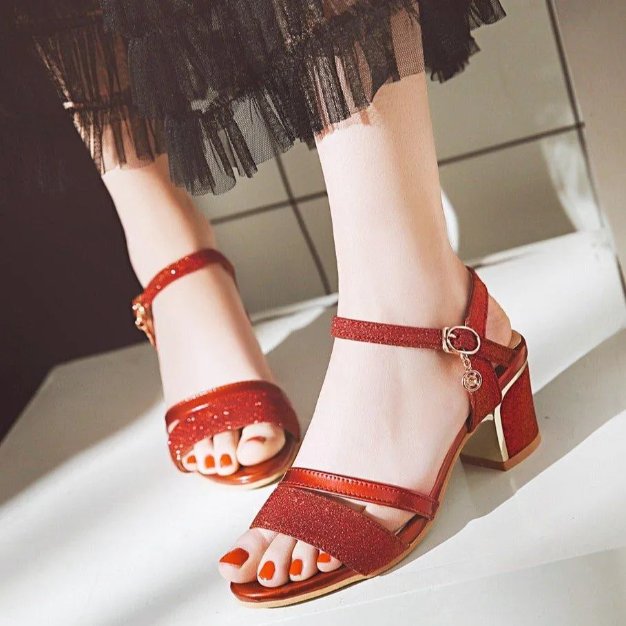 Women peep toe pendant buckle strap slingback chunky heels