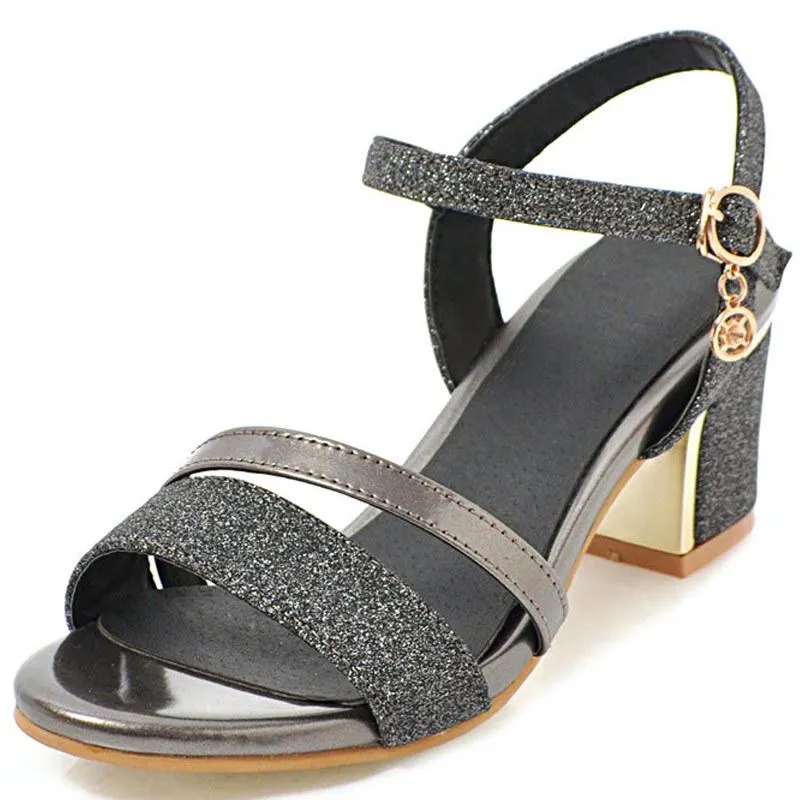 Women peep toe pendant buckle strap slingback chunky heels