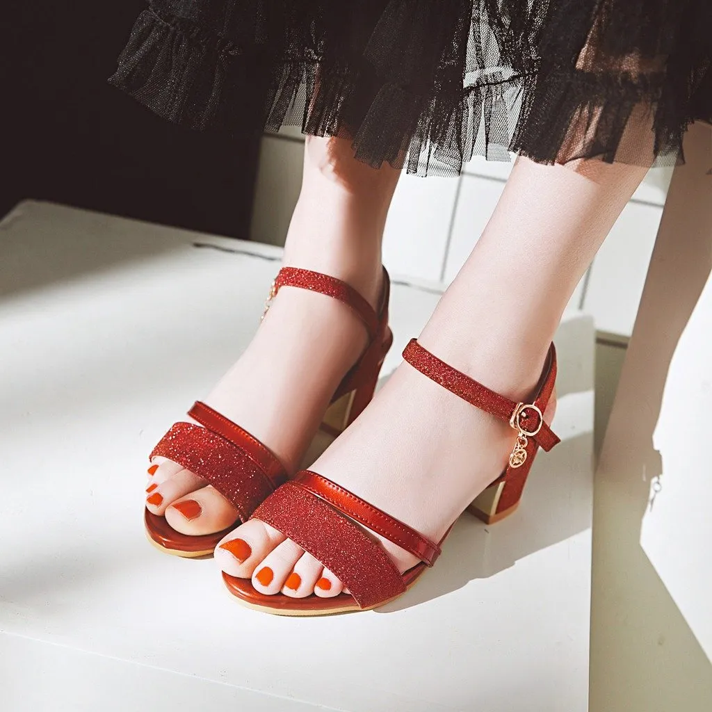 Women peep toe pendant buckle strap slingback chunky heels