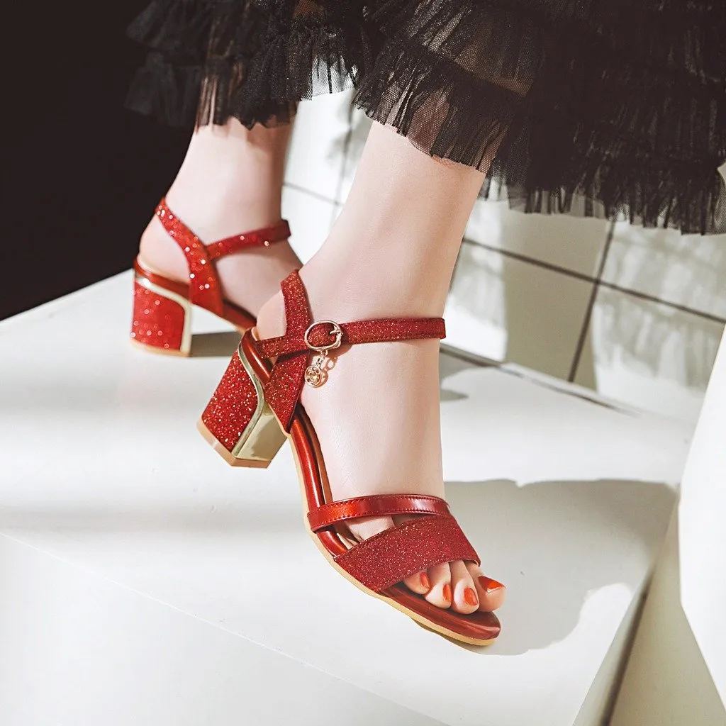 Women peep toe pendant buckle strap slingback chunky heels