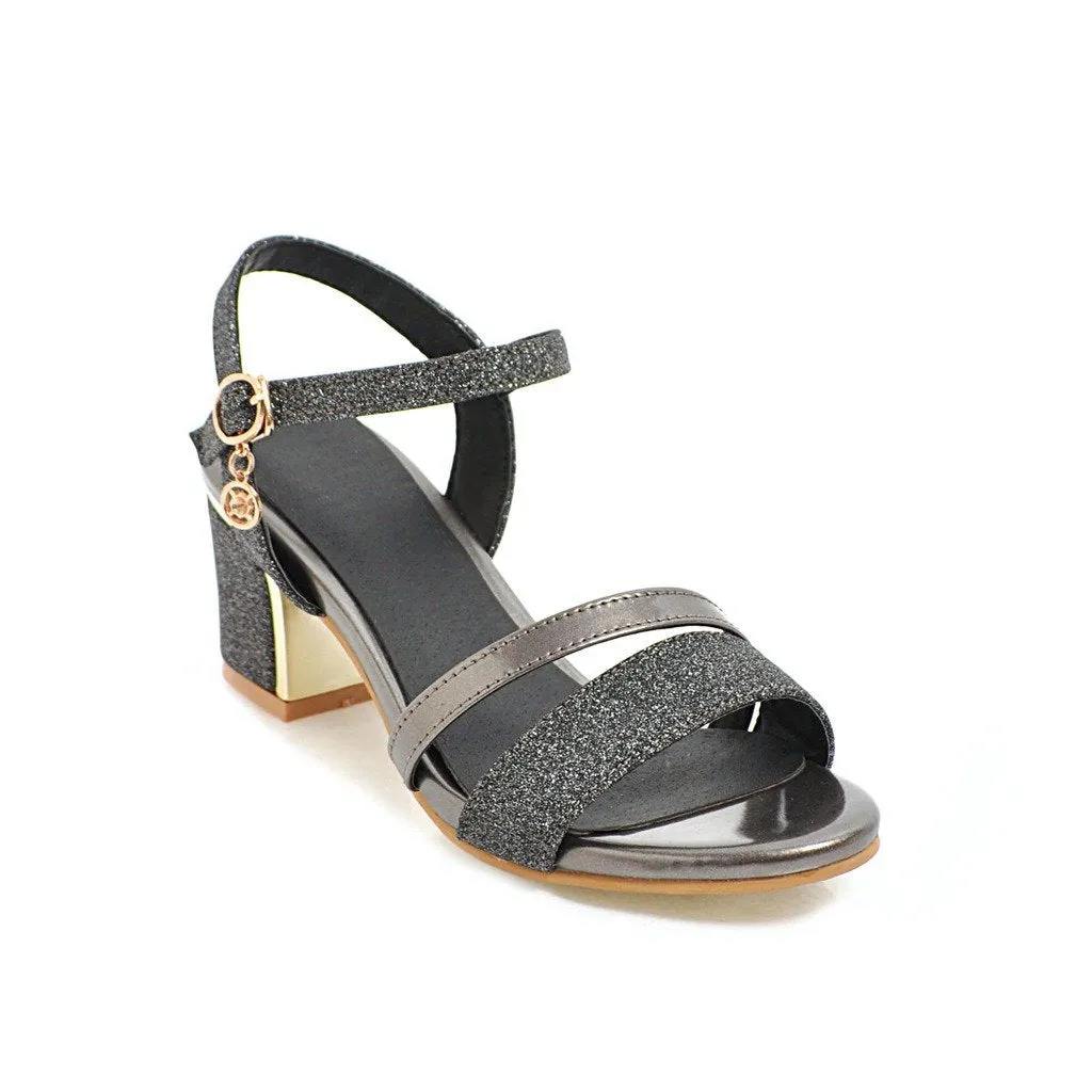 Women peep toe pendant buckle strap slingback chunky heels
