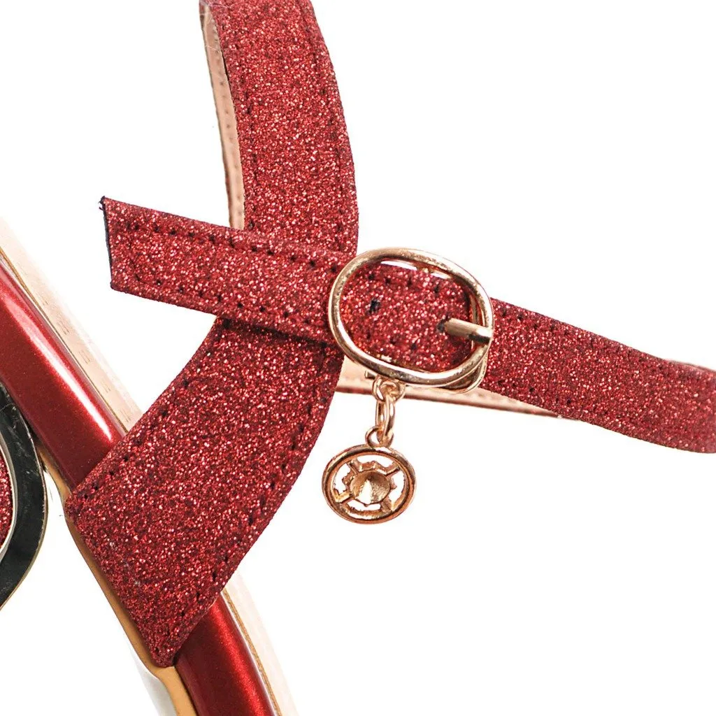 Women peep toe pendant buckle strap slingback chunky heels