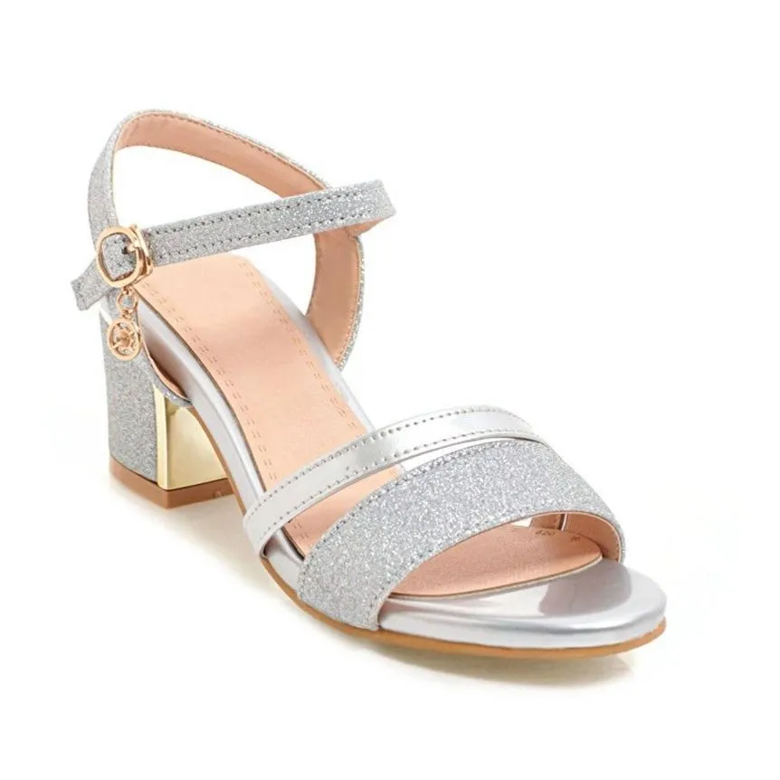 Women peep toe pendant buckle strap slingback chunky heels