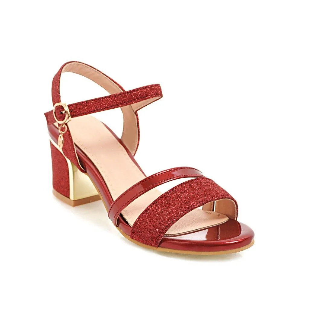 Women peep toe pendant buckle strap slingback chunky heels