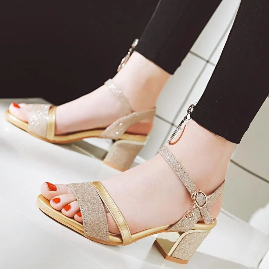 Women peep toe pendant buckle strap slingback chunky heels