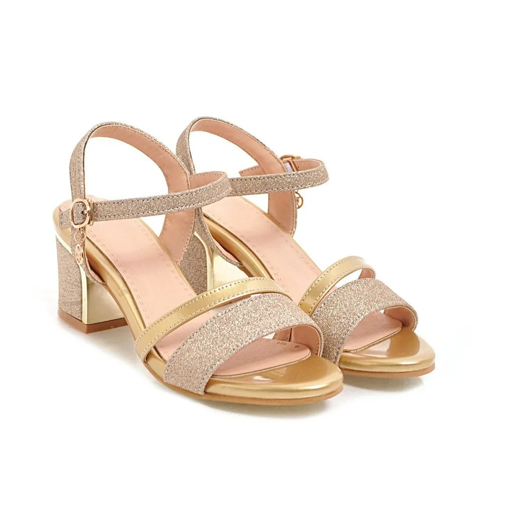 Women peep toe pendant buckle strap slingback chunky heels